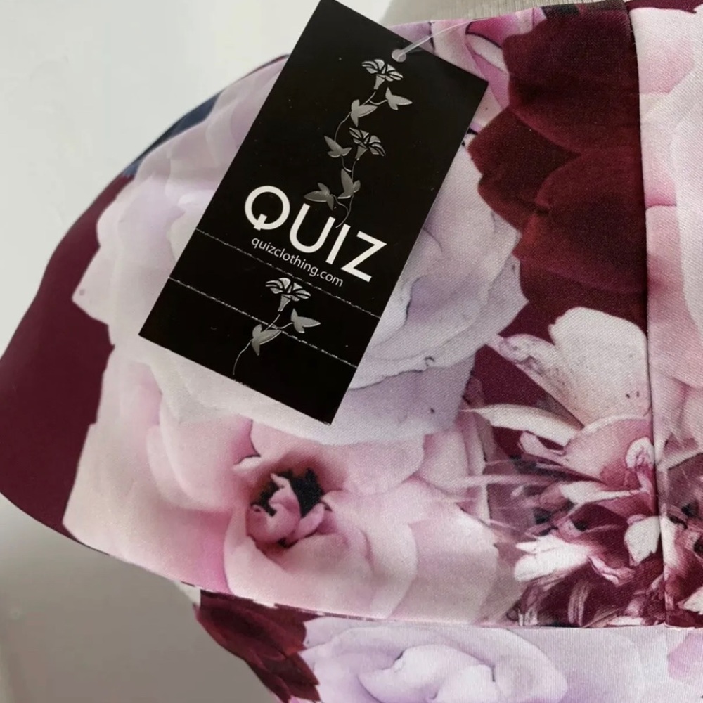 Quiz Floral Dress Wrap Front Berry & Teal Stretch V-Neck Cap Sleeves Big Collar - Picture 8 of 11